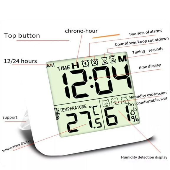 FurNest LCD Digital Clock with Alarm Thermometer Hygrometer Wall Clock Waterp