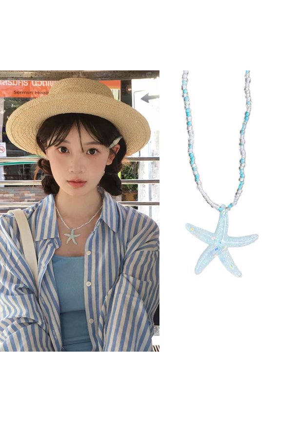 Mint Blue Starfish Pendant Beaded Necklace Summer Fresh Clavicle