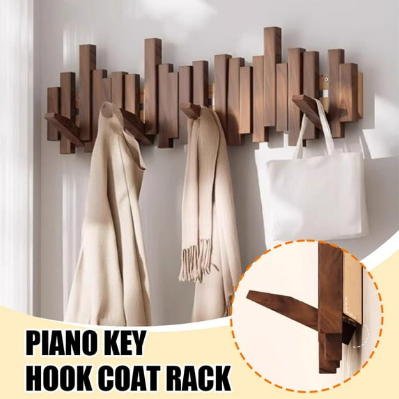 FurNest Natural Wood Wall Mounted Piano Coat Rack, Flip Down Wall Hook Rack, Behind The Door Storage No-Drill Coat Hooks for Coats Bag Hat Umbrella Home