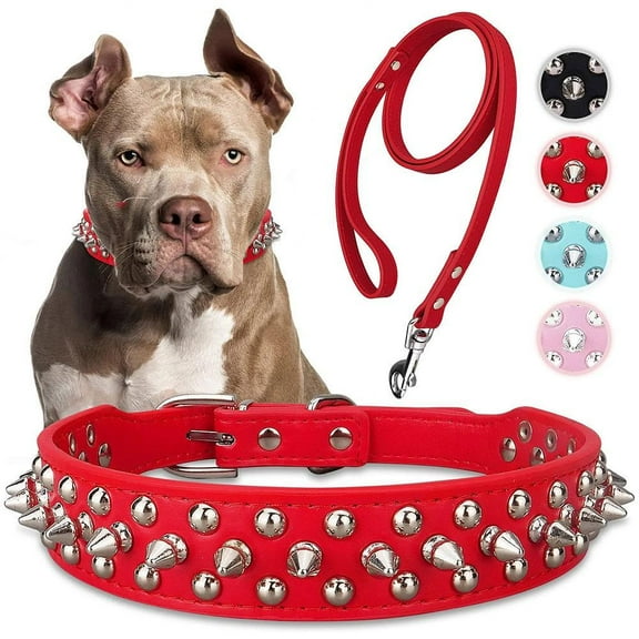 FurNest Pet Collar with Rivet and Leash Set Anti Bite Medium to Large Dogs Cha