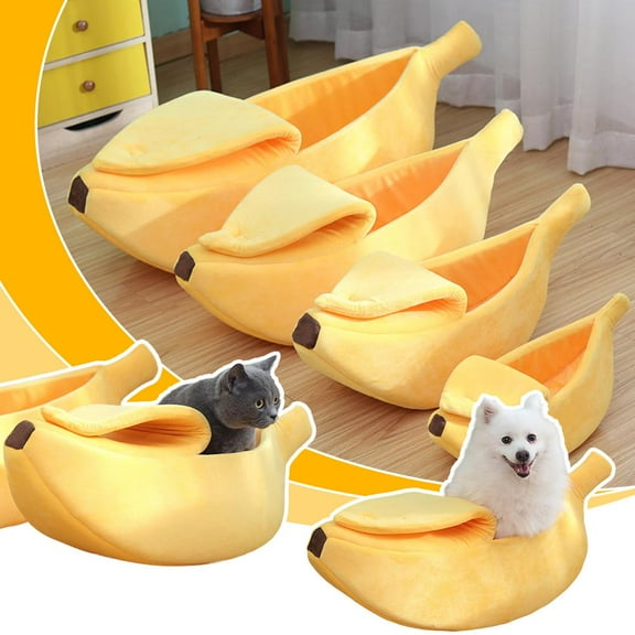 FurNest Pet Dog Cat Bed Banana Shape House Fluffy Warm Soft Sleep Plush Bed Nests K