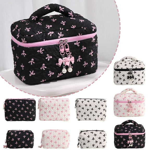 FurNest Small Hand Makeup Bag Pink Black Print Bow Women's Convenient Cosmetic