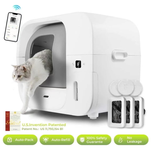 Furbulous True Odor-Free Automatic Self-Cleaning Cat Litter Box, Extra Large for 322 lbs Cats, Smart APP Control, Self-Pack & Refill System, 3 Waste Bags Included, Upgraded Model