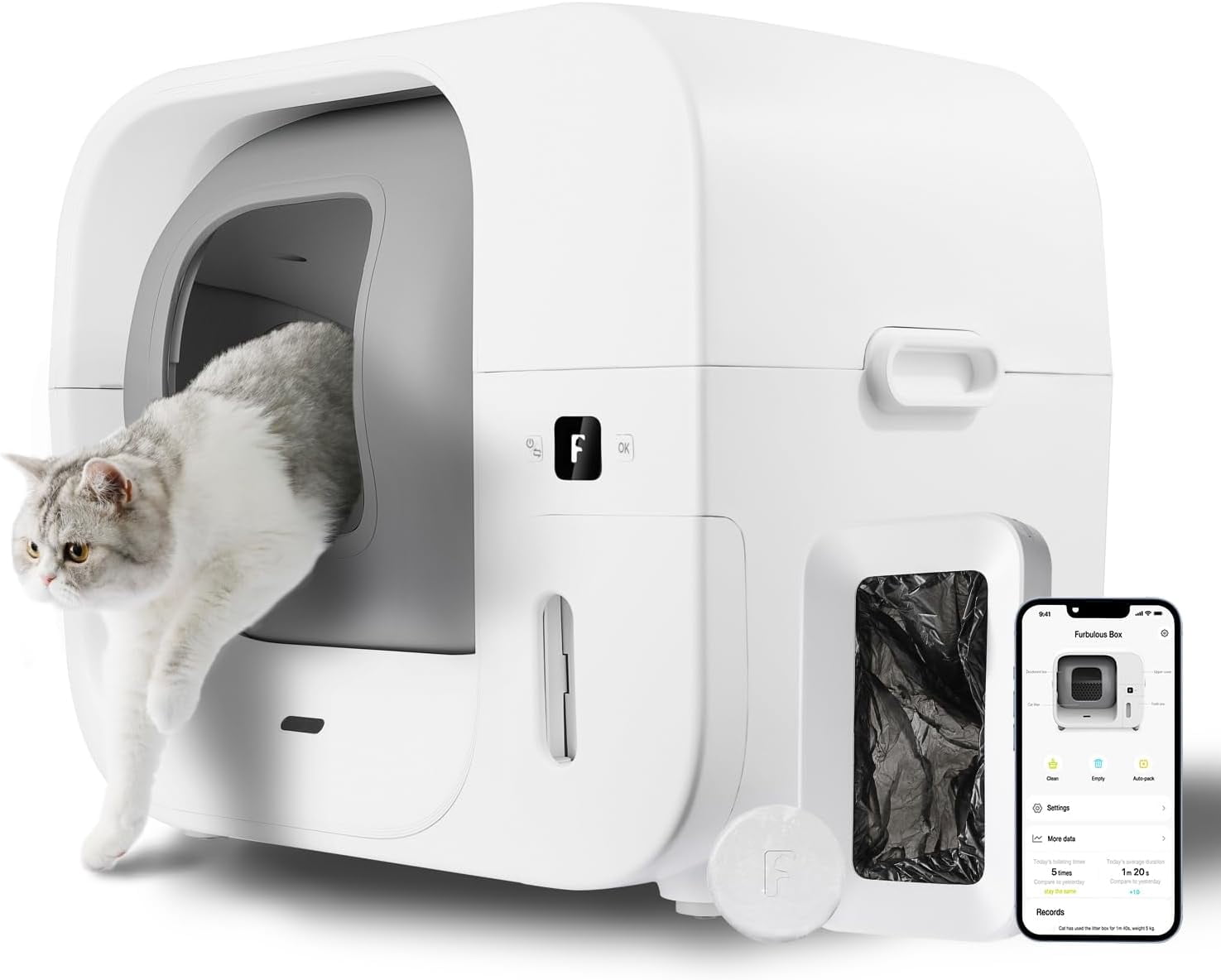 Furbulous True Odor-Free Self Cleaning and Packing Litter Box, Automatic Cat Litter Box with Self-Pack and Refill System, APP Control, Includes Trash Bags, Extra Large Space for 3.3-22lbs Cats