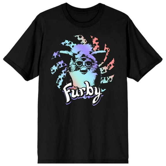 Furby (Retro) Spiral Rainbow Threshold Furby Image On Black Adult Crew Neck Short Sleeve T-shirt - XL