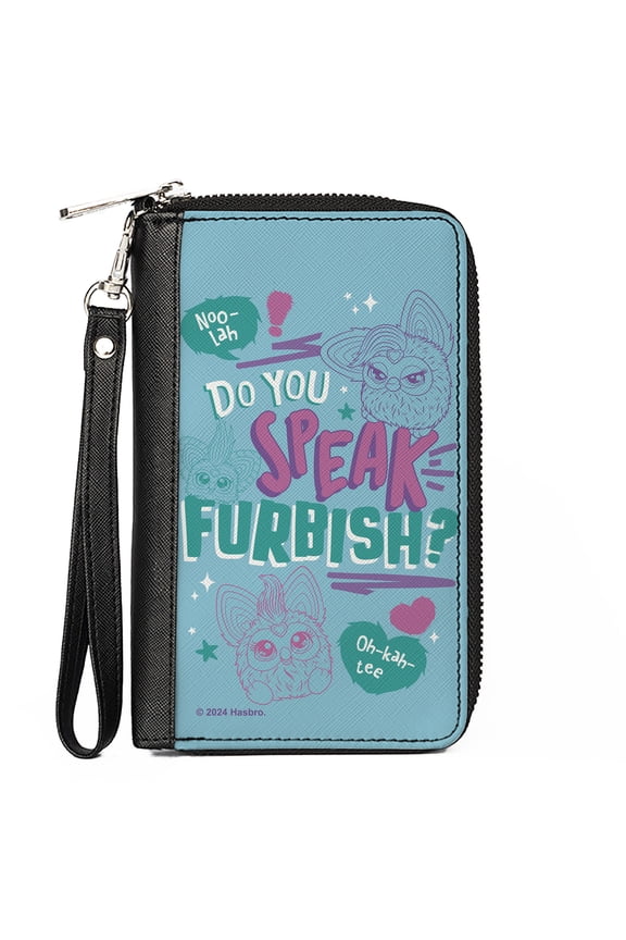 Furby Wallet, Zip Around, Furby Do You Speak Furbish Poses and Quote Blues Purple, Vegan Leather