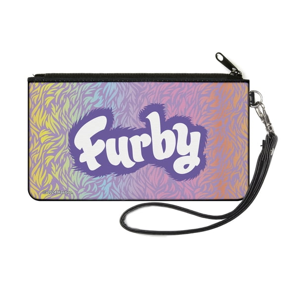 Furby Wallet, Zip Pouch, Furby Title Logo Fur Print Multi Color Purple White, Canvas