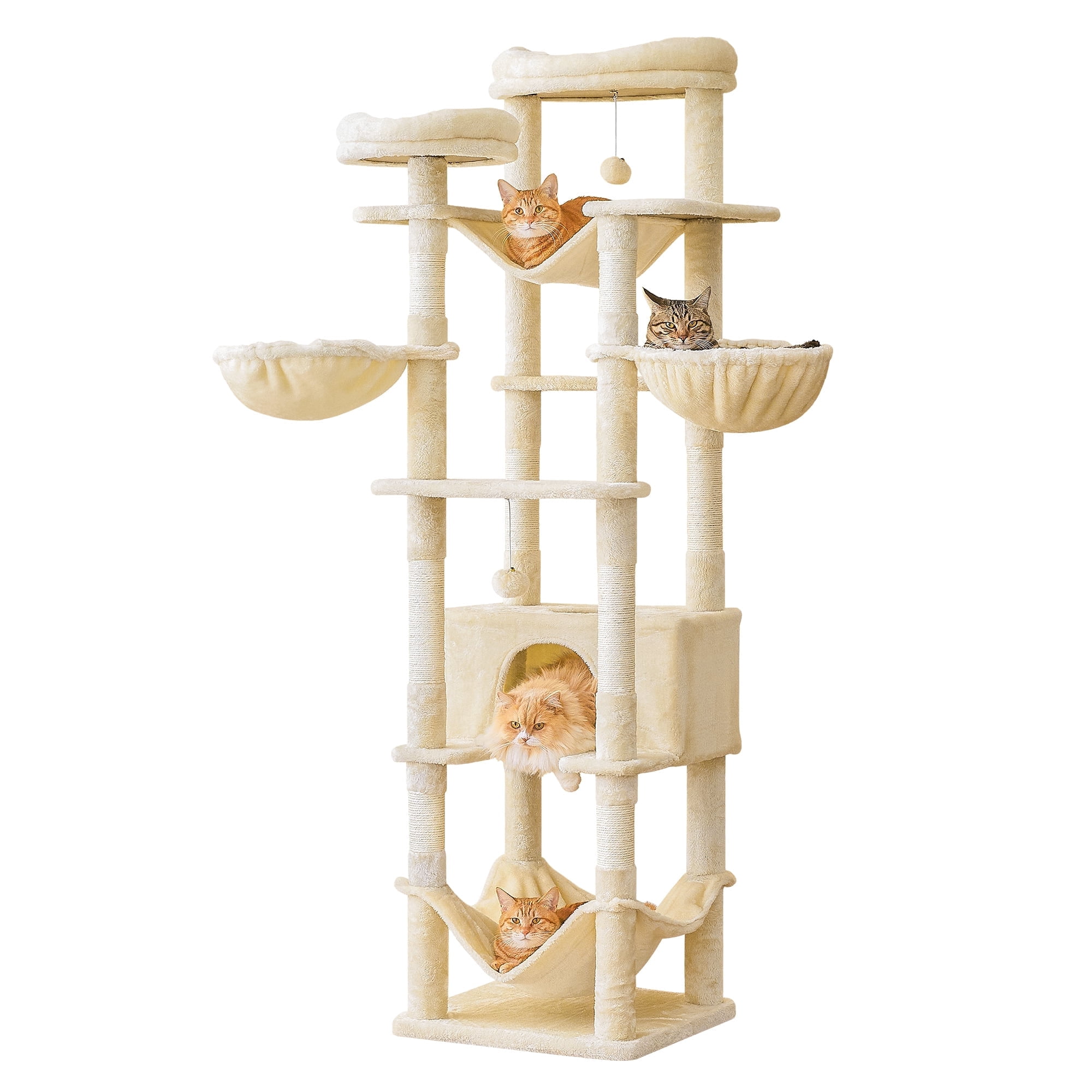 Furcato 77-Inch Cat Tree for Indoor Cats, Multi-Level Large Cat Tower with 4 Hammocks, 2 Padded Perches, Large Cat Condo, Beige