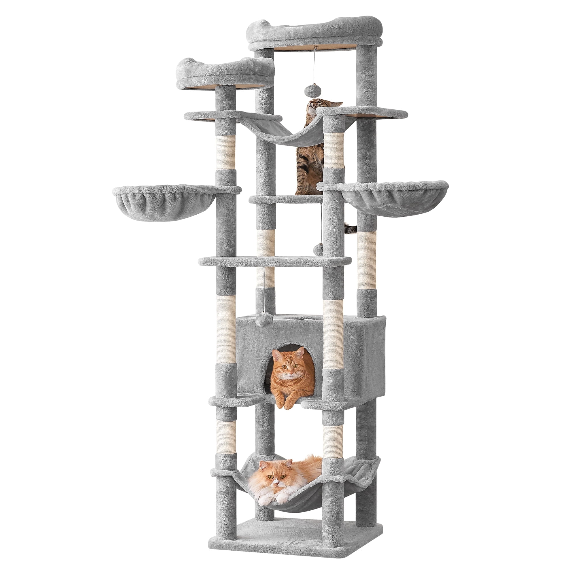 Furcato 77-Inch Cat Tree for Indoor Cats, Multi-Level Large Cat Tower with 4 Hammocks, 2 Padded Perches, Large Cat Condo, Light Gray