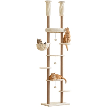 Furcato 92.1"-101.6" Adjustable Height Cat Tree, Floor to Ceiling Cat Tower, 7 Tiers Cat Climbing Tree with Hammock, Fully Sisal Scratching Posts for Indoor Cats, Beige
