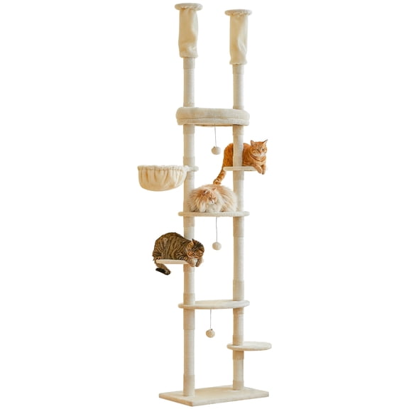 Furcato 92.1"-101.6" Adjustable Height Cat Tree, Floor to Ceiling Cat Tower, 7 Tiers Cat Climbing Tree with Hammock, Beige