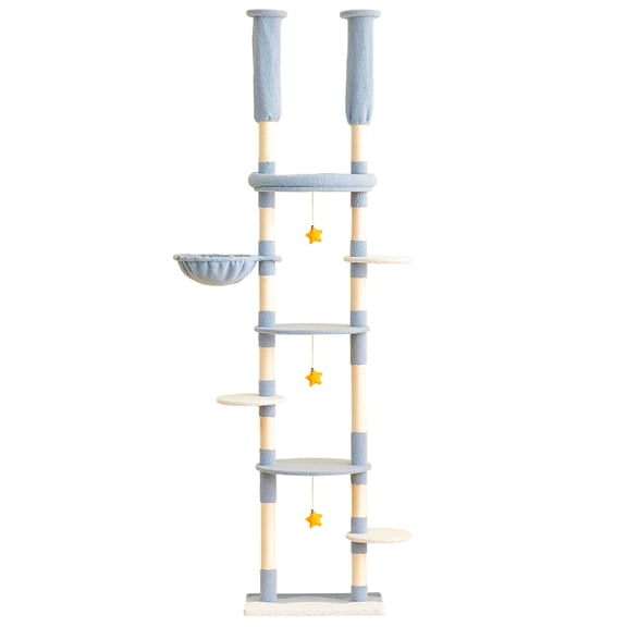 Furcato 92.1"-101.6" Adjustable Height Cat Tree, Floor to Ceiling Cat Tower, 7 Tiers Cat Climbing Tree with Hammock, Blue