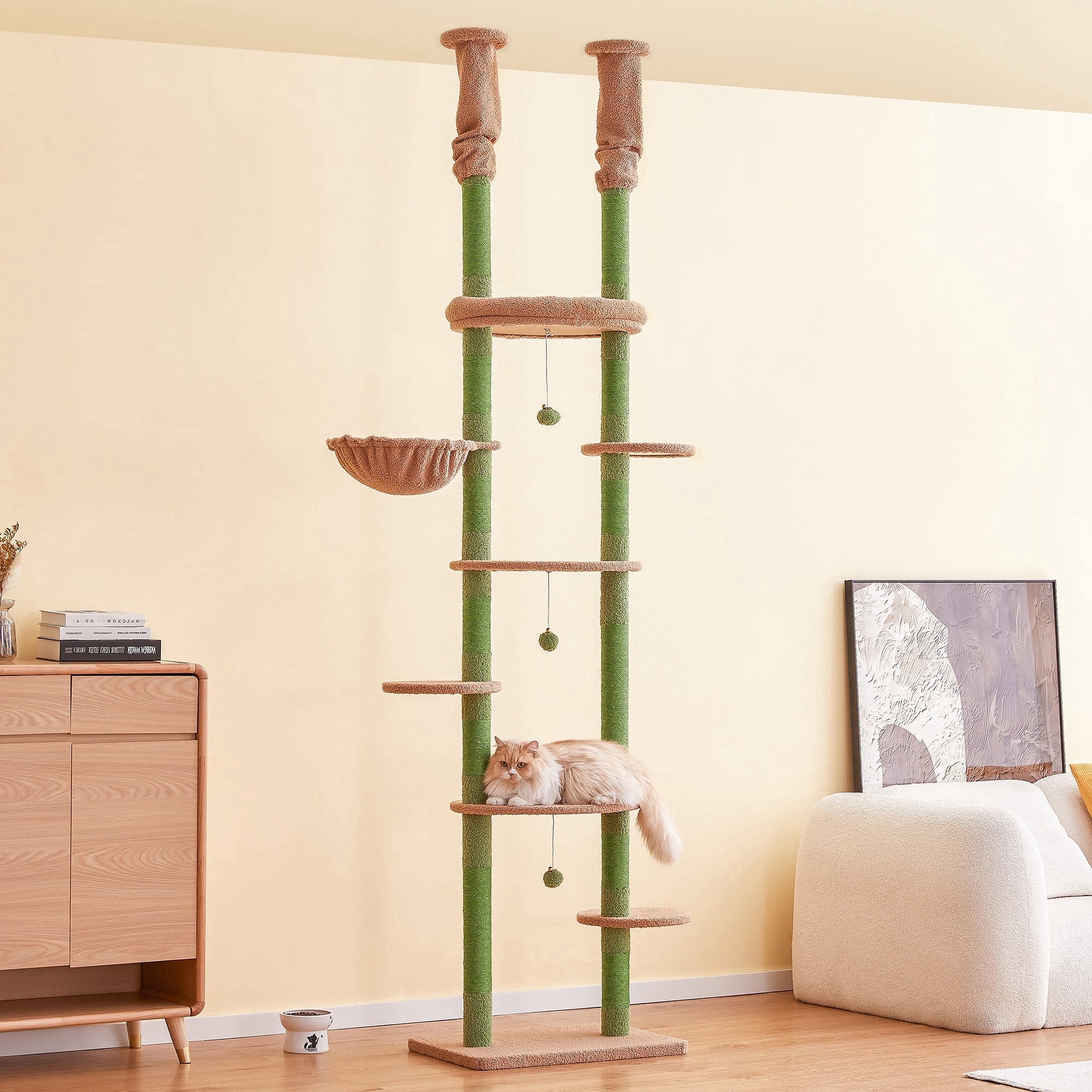 Furcato 92.1"-101.6" Adjustable Height Cat Tree, Floor to Ceiling Cat Tower, 7 Tiers Cat Climbing Tree with Hammock, Green