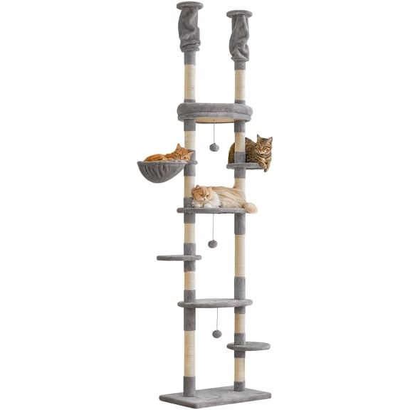 Furcato 92.1"-101.6" Adjustable Height Cat Tree, Floor to Ceiling Cat Tower, 7 Tiers Cat Climbing Tree with Hammock, Light Grey