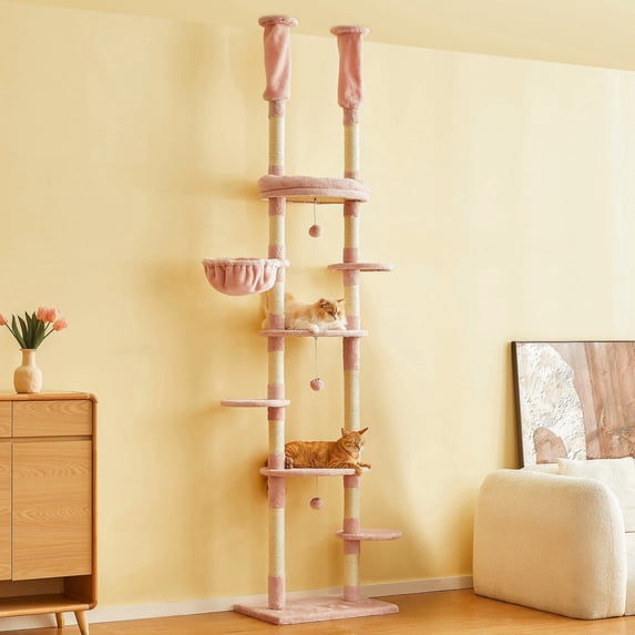 Furcato 92.1"-101.6" Adjustable Height Cat Tree, Floor to Ceiling Cat Tower, 7 Tiers Cat Climbing Tree with Hammock, Pink