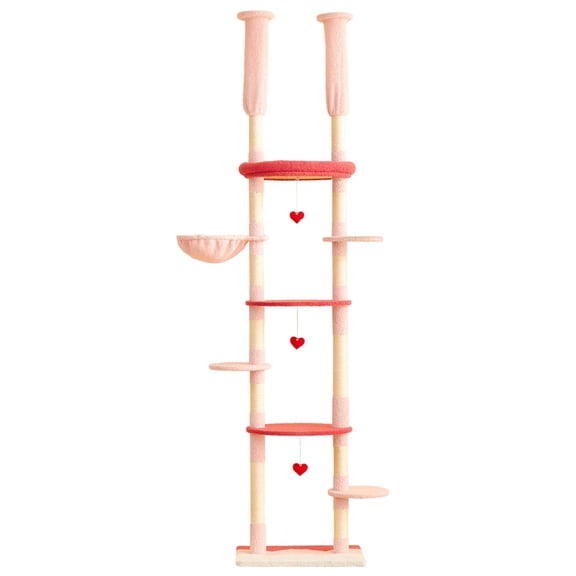 Furcato 92.1"-101.6" Adjustable Height Cat Tree, Floor to Ceiling Cat Tower, 7 Tiers Cat Climbing Tree with Hammock, Rose Pink