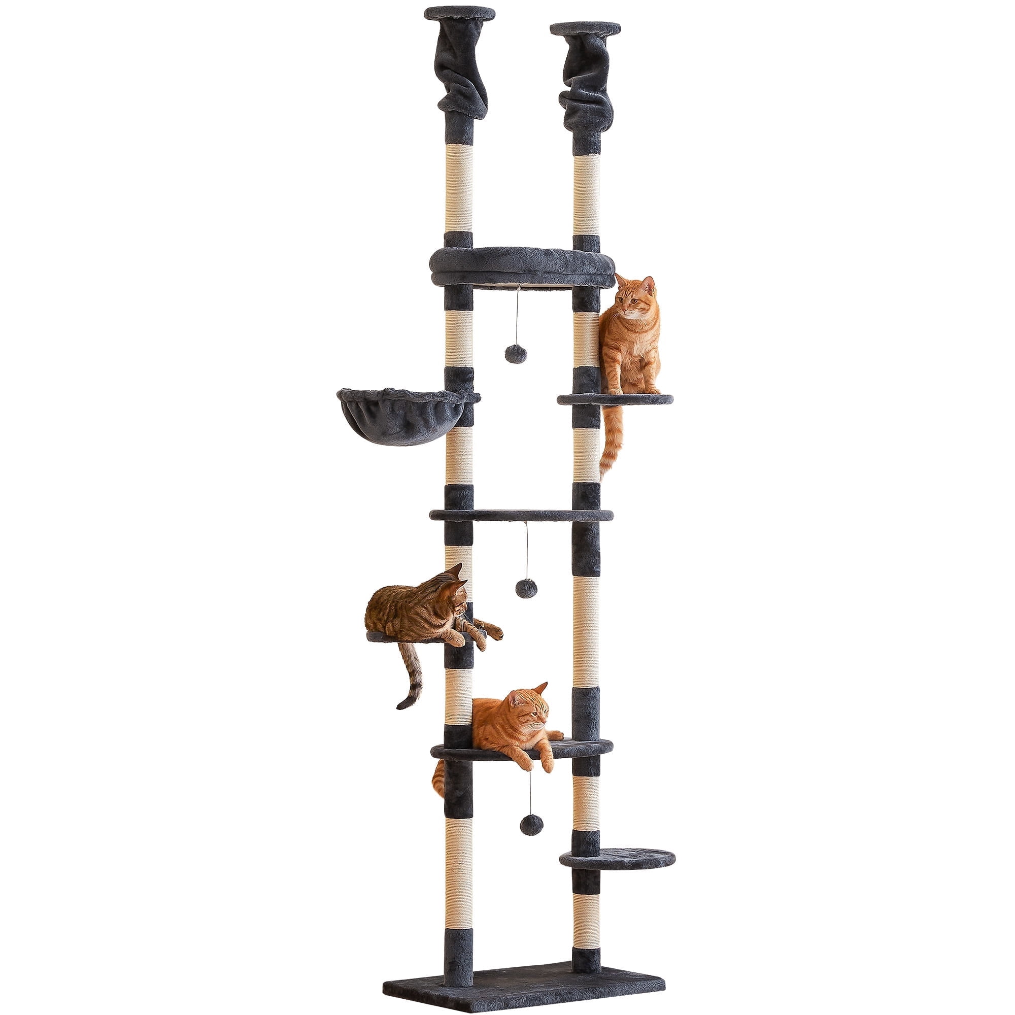 Furcato 92.1"-101.6" Adjustable Height Cat Tree, Floor to Ceiling Cat Tower, 7 Tiers Cat Climbing Tree with Hammock, Smoky Grey