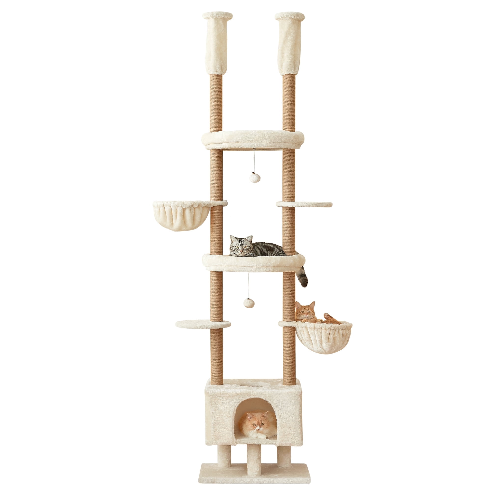Furcato Cat Tree, Floor to Ceiling Cat Tower Adjustable Height [92.9-102.4 in=235-258cm], 7 Tiers Cat Climbing Play House with Fully Sisal Scratching Post, Beige