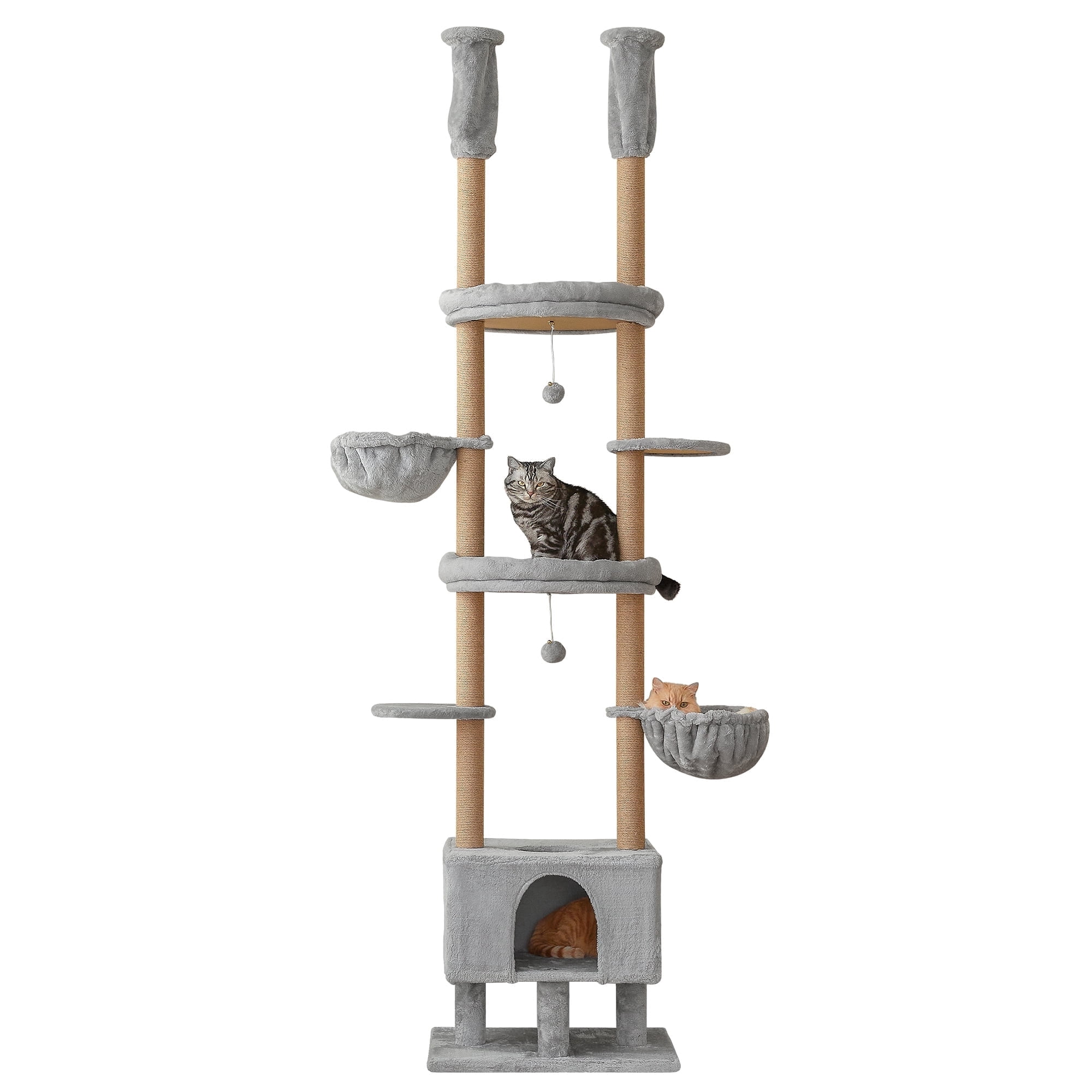 Furcato Cat Tree, Floor to Ceiling Cat Tower Adjustable Height [92.9-102.4in=235-258cm], 7 Tiers Cat Climbing Play House with Fully Sisal Scratching Post, Grey