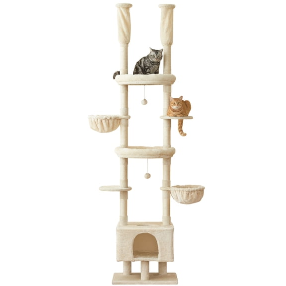 Furcato Cat Tree, Floor to Ceiling Cat Tower Adjustable Height [92.9-102.4 in=235-258cm], 7 Tiers Cat Climbing Play House, Beige