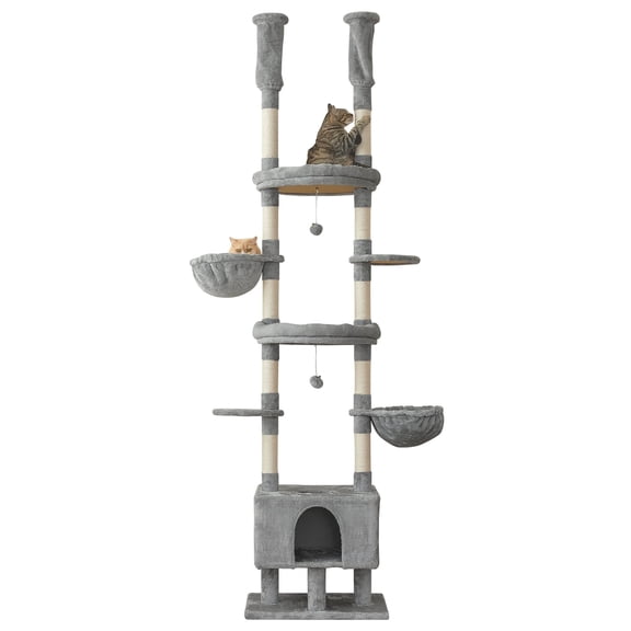 Furcato Cat Tree, Floor to Ceiling Cat Tower Adjustable Height [92.9-102.4 in=235-258cm], 7 Tiers Cat Climbing Play House, Light Grey