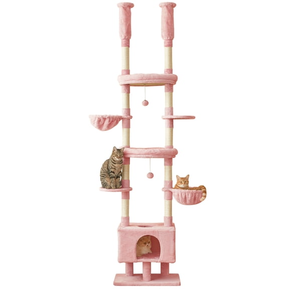 Furcato Cat Tree, Floor to Ceiling Cat Tower Adjustable Height [92.9-102.4in=235-258cm], 7 Tiers Cat Climbing Play House, Pink