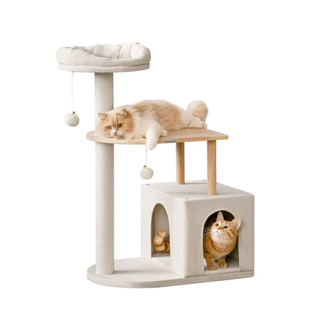 Furcato Modern Cat Tree Condo Wood Cat Climbing Tower with Scratching Post, Beige