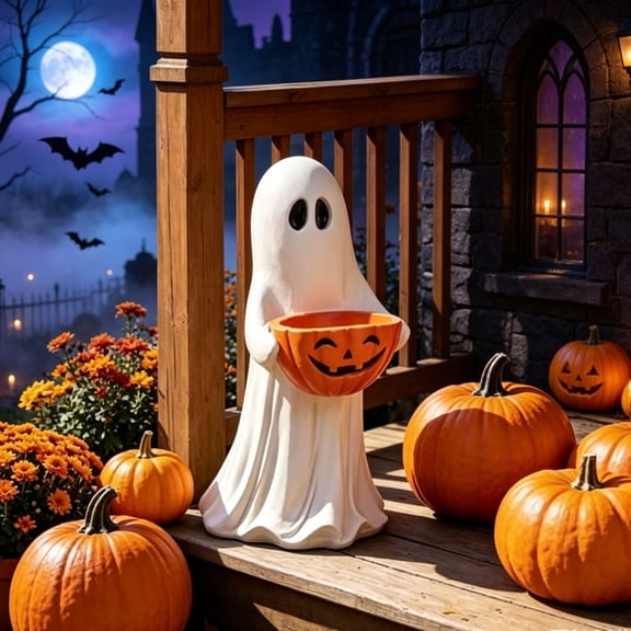 Furfunni Halloween Decorations, 13.7in Outdoor Safe Ghost Figurine with Pumpkin Candy Bowl for Front Door, Porch, Outdoor Indoor Decor
