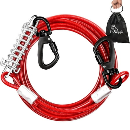 Furggis 20FT Heavy-Duty Dog Tie-Out Cable, Chew-Proof & Tangle-Free, for Dogs Up to 250lbs - Red