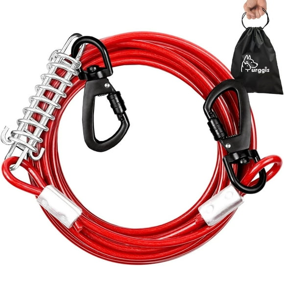 Furggis 20FT Heavy-Duty Dog Tie-Out Cable, Chew-Proof & Tangle-Free, for Dogs Up to 250lbs - Red