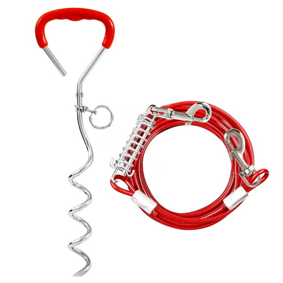 Furggis Dog Stake and Tie Out Cable with Spring for Large Dog - Red, 125lbs 20ft