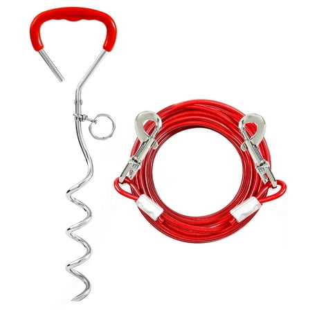 Furggis Dog Stake and Tie Out Cable with Spring for Medium Large Dog - Red, 125lbs 10ft