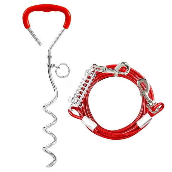 Furggis Dog Stake and Tie Out Cable with Spring for Medium Large Dog - Red, 125lbs 20ft