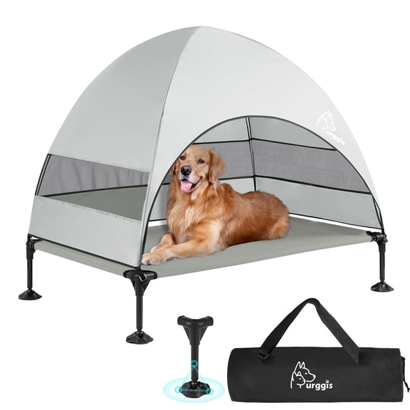 Furggis Elevated Dog Bed with Canopy, Raised Cot with UV-Resistant Shade and Breathable Mesh, Anti-Slip Feet, Supports Large Dogs