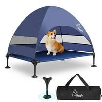 Furggis Elevated Dog Bed with Canopy, Portable Raised Outdoor Dog Bed with Stable Anti-Slip Feet, Blue