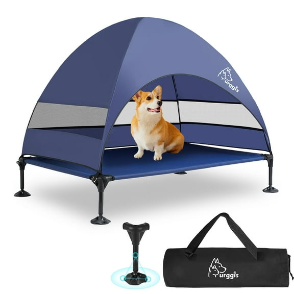 Furggis Elevated Dog Bed with Canopy, Portable Raised Outdoor Dog Bed with Stable Anti-Slip Feet, Blue