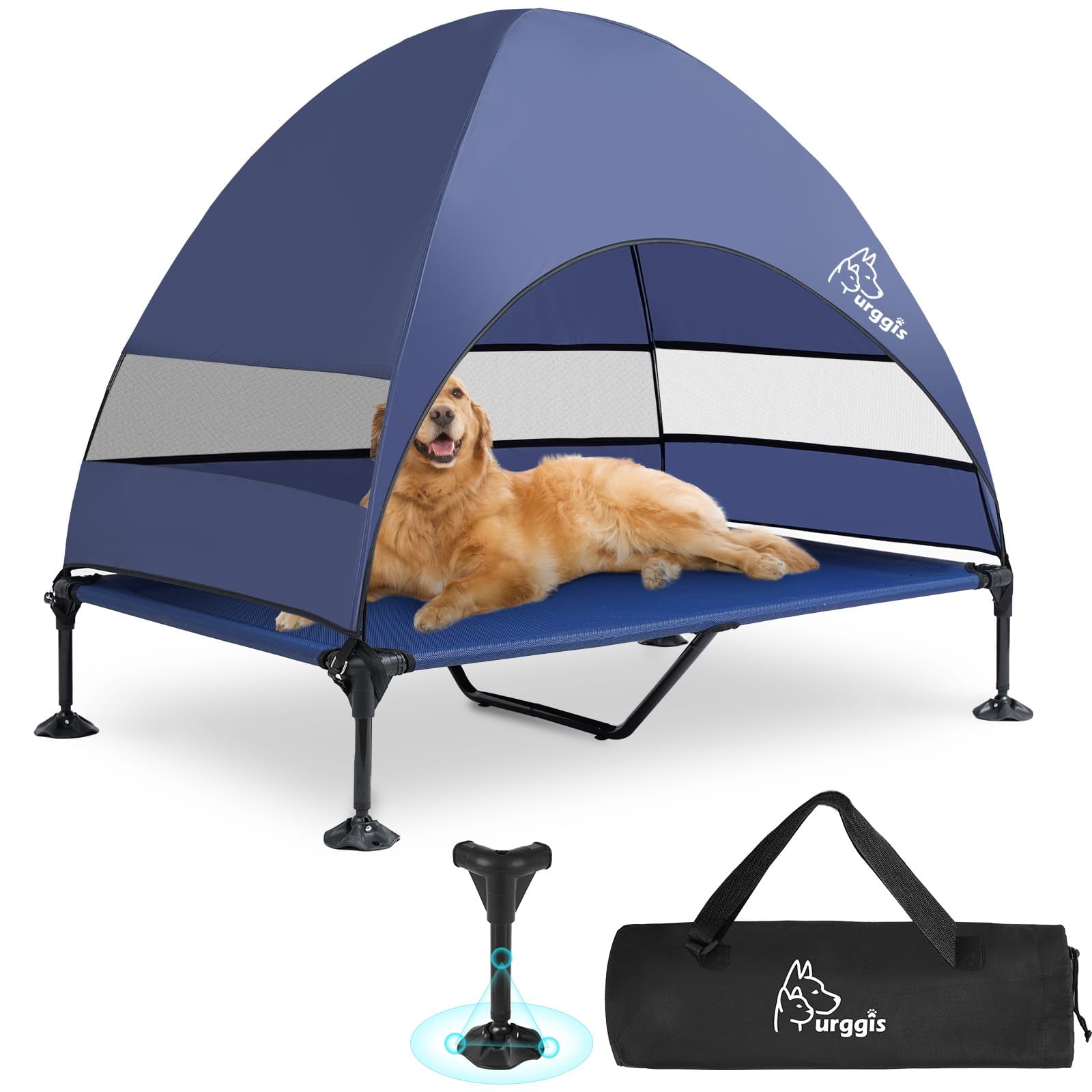 Furggis Elevated Dog Bed with Canopy, Portable Raised Outdoor Dog Bed with Stable Anti-Slip Feet, X-Large, Blue