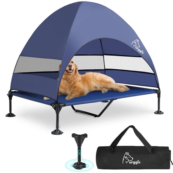 Furggis Elevated Dog Bed with Canopy, Portable Raised Outdoor Dog Bed with Stable Anti-Slip Feet, X-Large, Blue