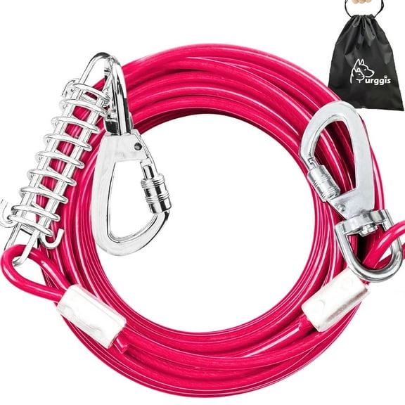 Furggis Heavy Duty Dog Tie Out Cable – 30FT Chew Proof & Tangle-Free for Large Dogs up to 250lbs, Outdoor Safety Leash (Rose Red)