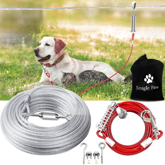 Libbipaw Heavy Duty Dog Tie Out Runner System, 75ft Trolley Cable, 10ft Runner Line, Reflective, Shock Absorbing Spring, for Dogs up to 125 lbs