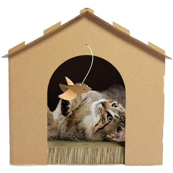 Furhaven Cardboard Cat House w/ Catnip for Indoor Cats, Ft. Scratching Pad & Hanging Toys - Gingerbread House Corrugated Cat Scratcher Hideout - Cardboard Brown, One Size Corrugated Scratcher One Size Gingerbread House