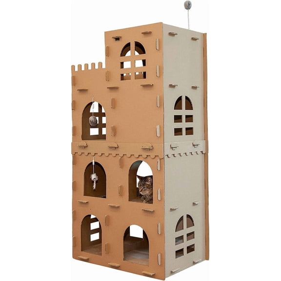Furhaven High Castle Tower Multi-Level Cat Scratcher Hideout w/ Catnip - Cardboard Brown, One Size Medieval Castle Playground One Size Corrugated Scratcher