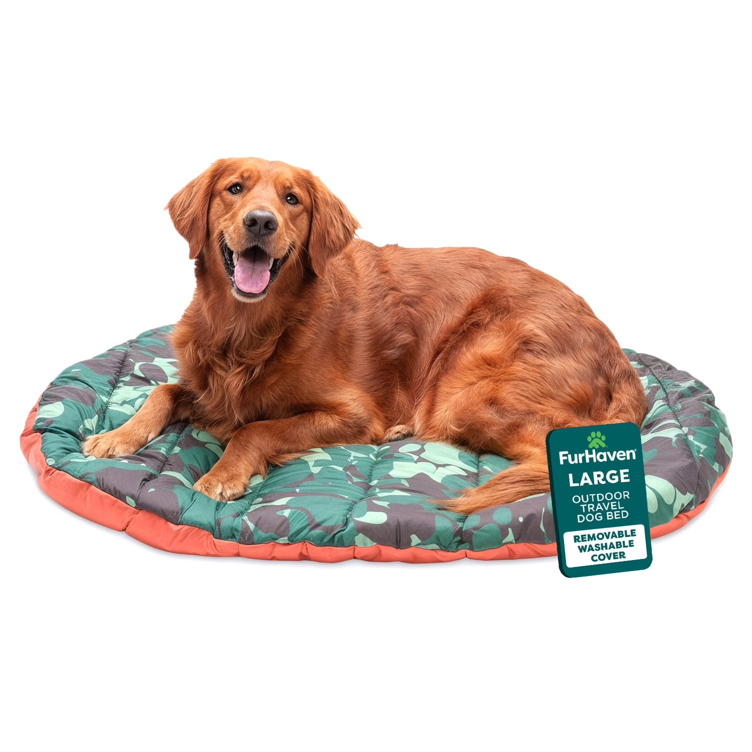 FurHaven Outdoor Travel Dog Bed for Large Dogs, Lightweight Trail Pup Travel Pillow Mat with Stuff Sack, Machine Washable & Foldable, Large, Paprika Camo-Paw
