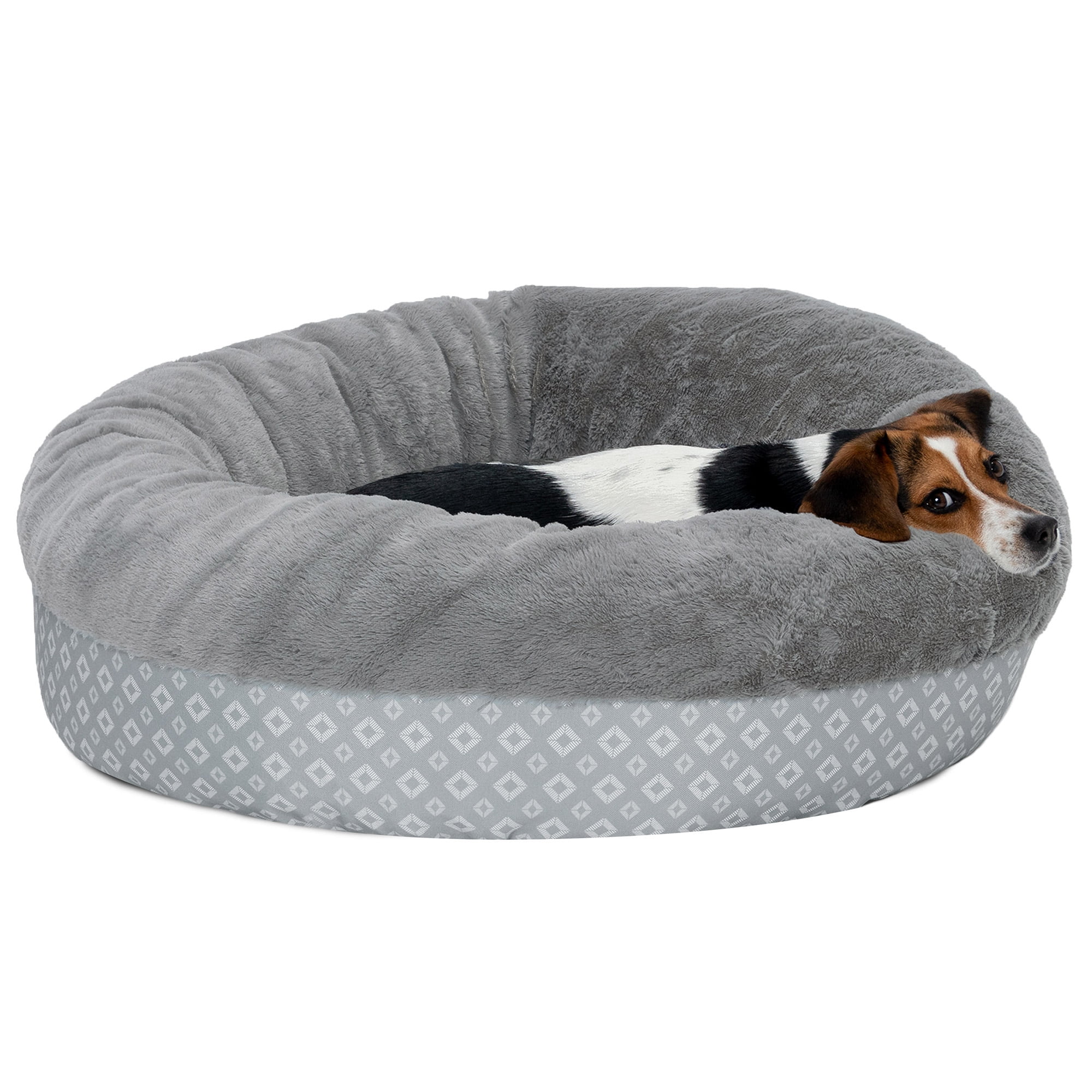 Medium Gray Plush & Diamond Print Calming Donut Pet Bed