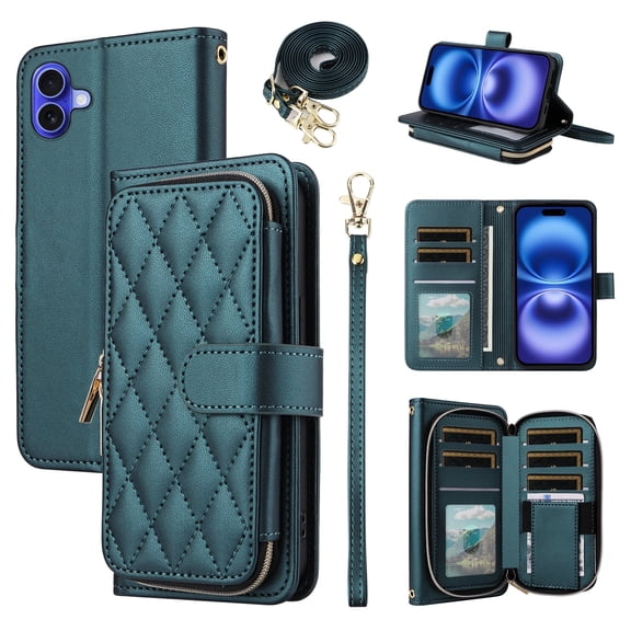 Furiet Argyle Wallet Case Compatible with iPhone 16 Plus 6.7 inch with Wrist/Shoulder Strap, Card Slot Zipper Purse Stand Checkered Cell Phone Cover for i Phone16 16+ i16 + 16Plus Women Green