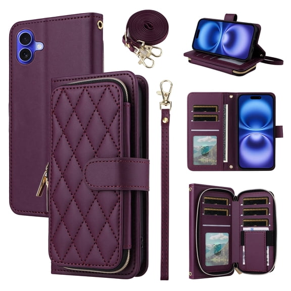 Furiet Argyle Wallet Case Compatible with iPhone 16 Plus 6.7 inch with Wrist/Shoulder Strap, Card Slot Zipper Purse Stand Checkered Cell Phone Cover for i Phone16 16+ i16 + 16Plus Women Deep Purple