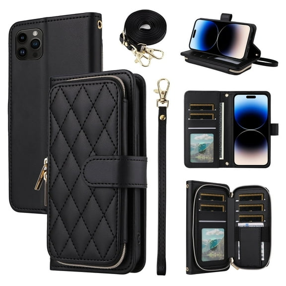 Furiet Argyle Wallet Case Compatible with iPhone 16 Pro 6.3 inch with Wrist Strap Shoulder Strap Card Slot Zipper Purse Luxury PU Leather Stand Cell Phone Cover for i Phone16 i16 16Pro Black