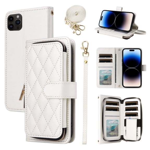Furiet Argyle Wallet Case Compatible with iPhone 16 Pro Max 6.9 inch with Wrist Strap Shoulder Strap, Card Slots Zipper Purse Stand Phone Cover for i Phone16 16Pro i16 ProMax 16ProMax White