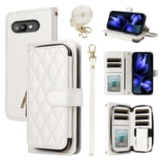 Furiet Argyle Wallet Case for Google Pixel 10A with Wrist/Shoulder Strap, Card Slots Zipper Purse Luxury PU Leather Stand Checkered Card Holder Cell Phone Cover for Pixel10A A10 5G Women White