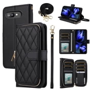 Furiet Argyle Wallet Case for Google Pixel 10A with Wrist/Shoulder Strap, Card Slots Zipper Purse Luxury PU Leather Stand Checkered Card Holder Cell Phone Cover for Pixel10A A10 5G Women Black